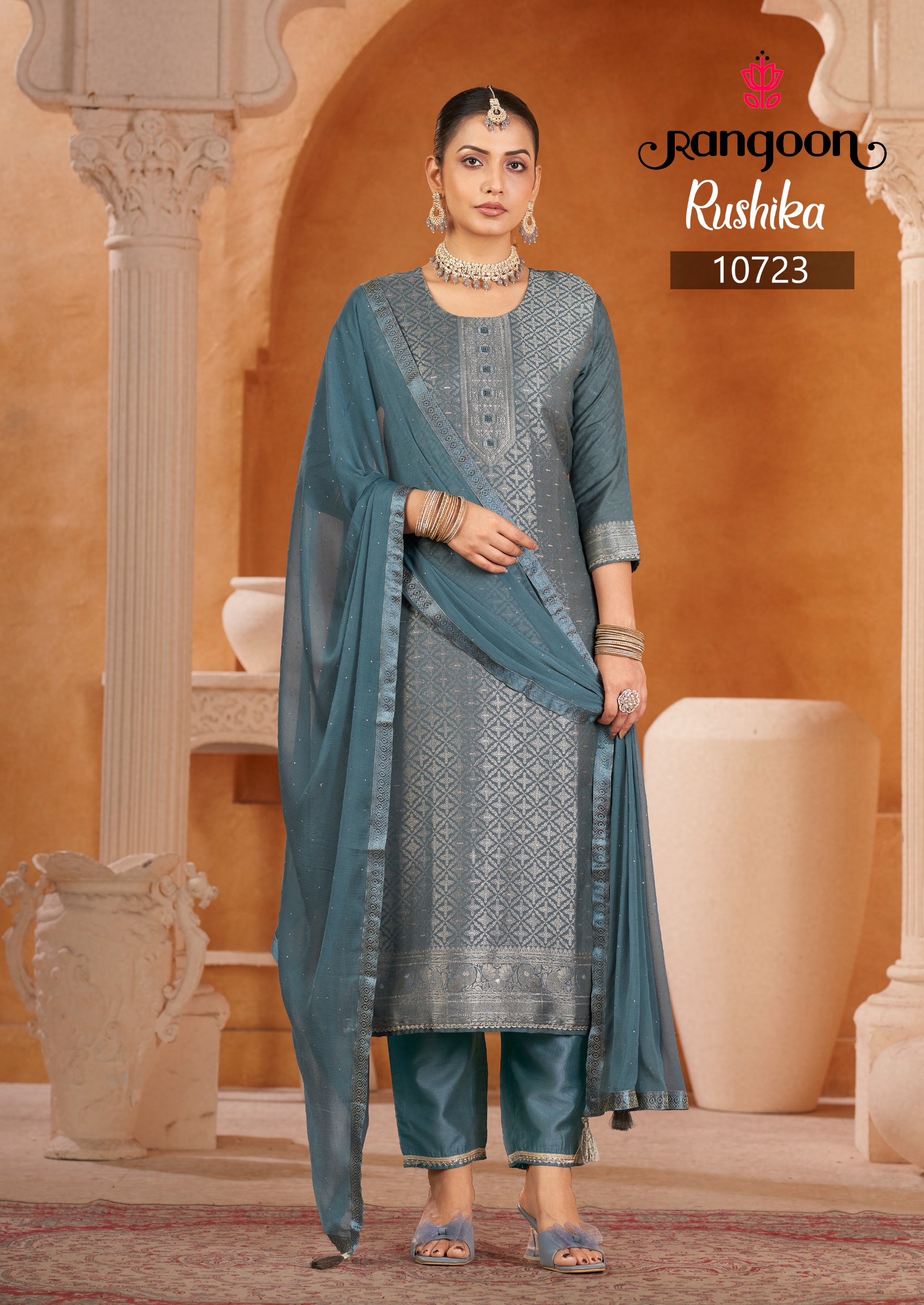 Rangoon Rushika Viscose Maslin Jacquard Worked Readymade Suit — Wholesale Readymade Suit, Rangoon wholesale from Surat — view 4