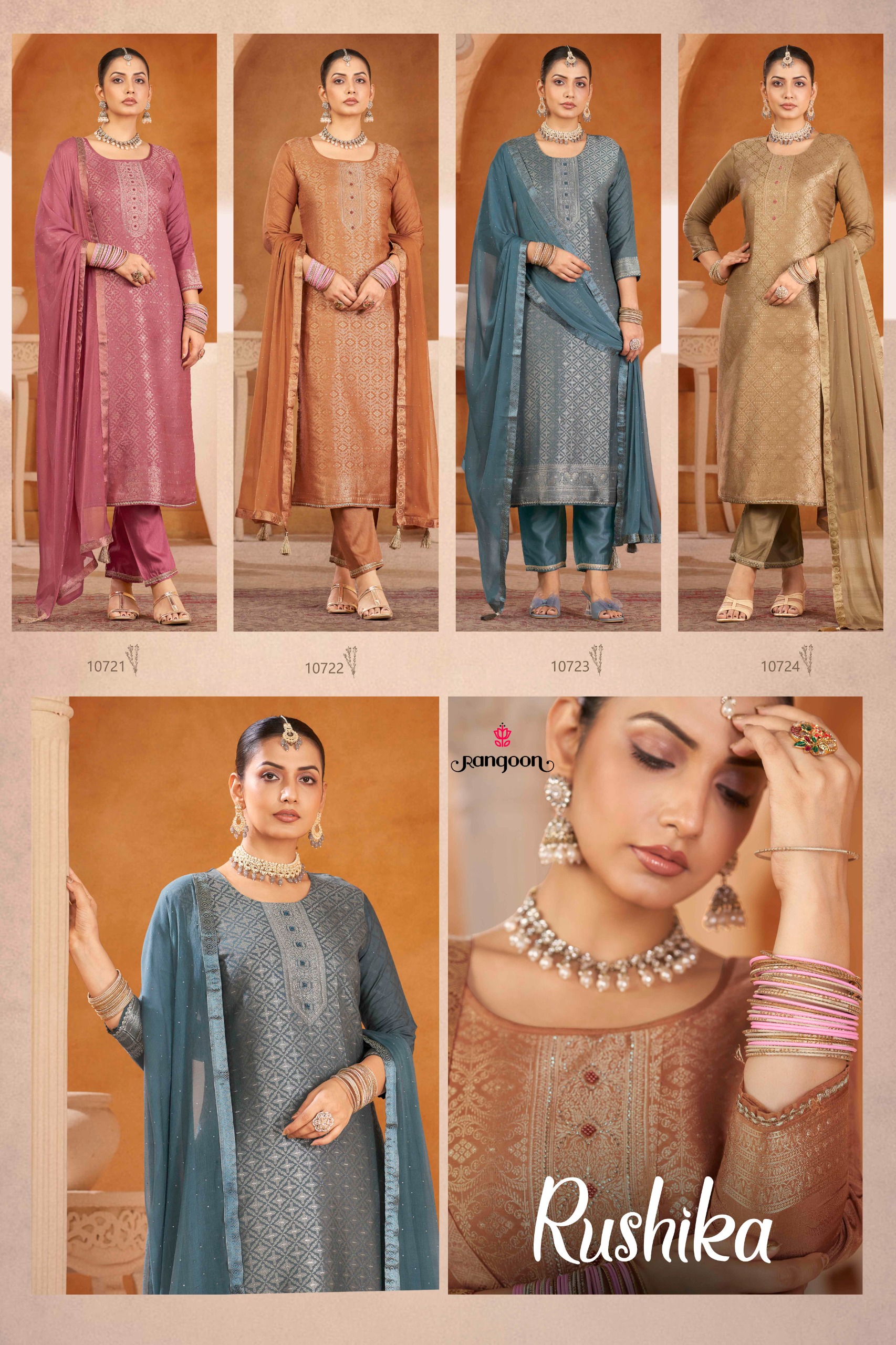 Rangoon Rushika Viscose Maslin Jacquard Worked Readymade Suit — Wholesale Readymade Suit, Rangoon wholesale from Surat — view 3