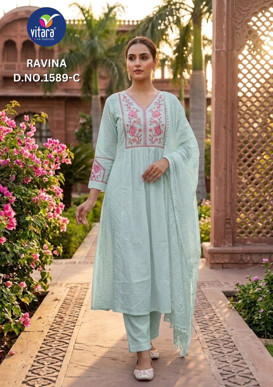 Vitara Ravina Cambric Cotton Embroidered Kurti With Bottom Dupatta Set — Wholesale Readymade Suit, Vitara Fashion wholesale from Surat — view 5