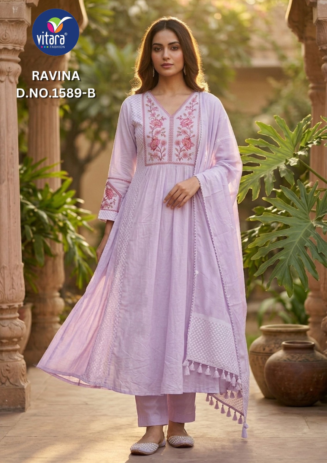 Vitara Ravina Cambric Cotton Embroidered Kurti With Bottom Dupatta Set — Wholesale Readymade Suit, Vitara Fashion wholesale from Surat — view 4