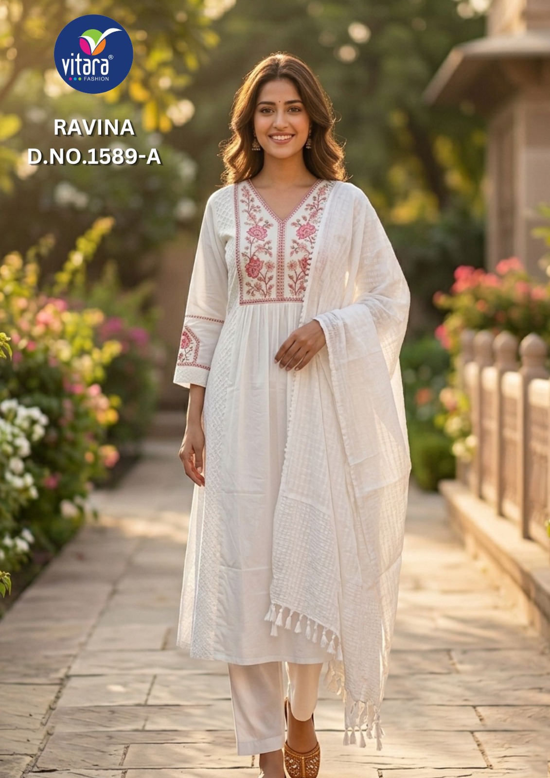 Vitara Ravina Cambric Cotton Embroidered Kurti With Bottom Dupatta Set