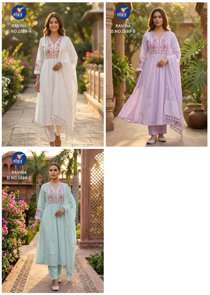 Vitara Ravina Cambric Cotton Embroidered Kurti With Bottom Dupatta Set — Wholesale Readymade Suit, Vitara Fashion wholesale from Surat — view 6