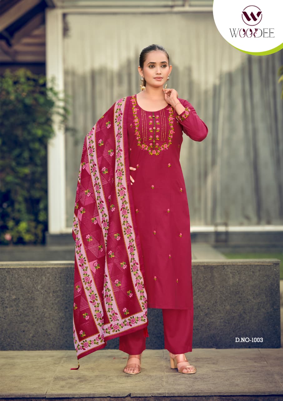 Woodee Bawree Rayon Thread Worked Readymade Salwar Suit — Wholesale Readymade Suit, Woodee wholesale from Surat — view 5