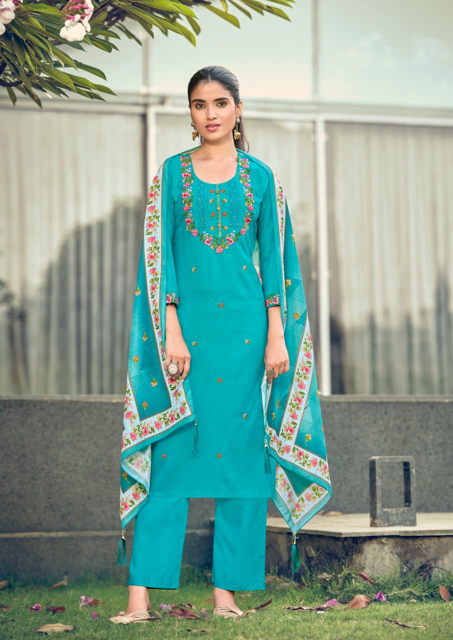 Woodee Bawree Rayon Thread Worked Readymade Salwar Suit