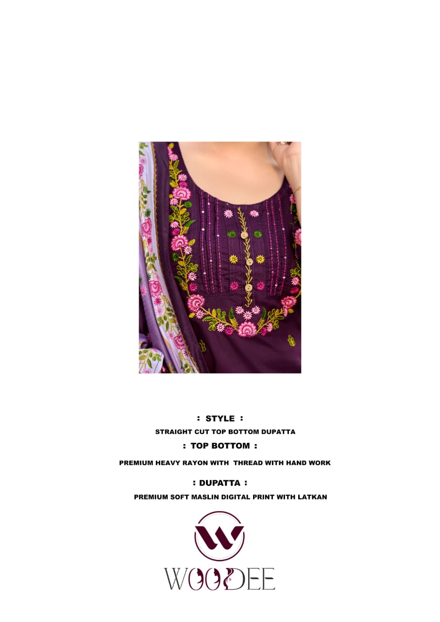 Woodee Bawree Rayon Thread Worked Readymade Salwar Suit — Wholesale Readymade Suit, Woodee wholesale from Surat — view 6