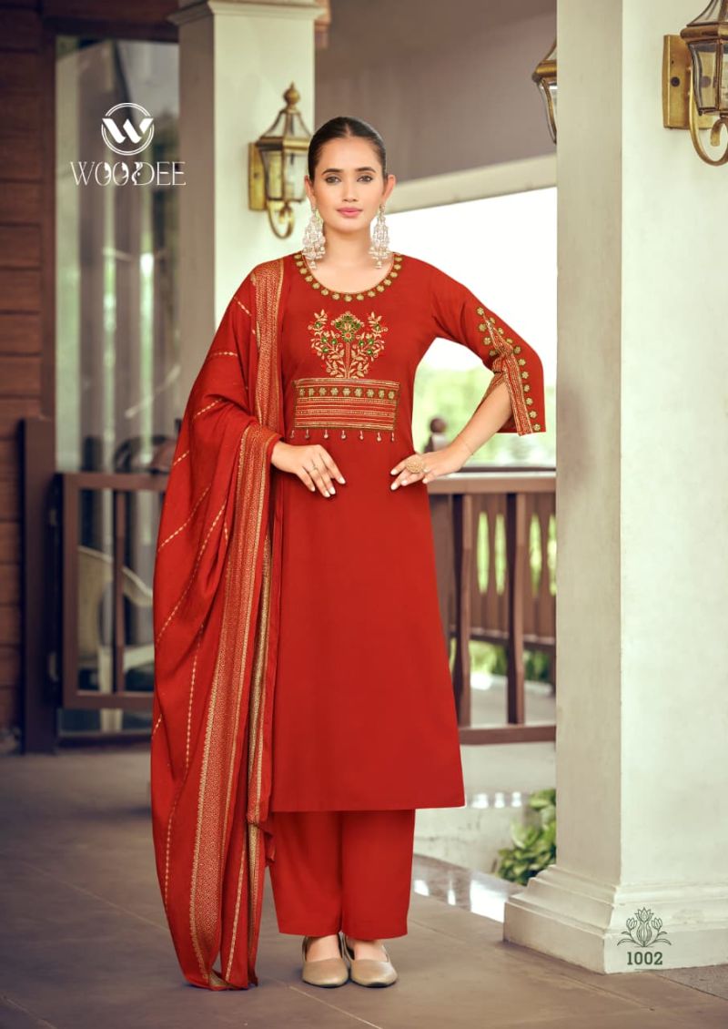 Woodee Nikhaar Rayon Jacquard Work Kurti With Bottom Dupatta Set — Wholesale Readymade Suit, Woodee wholesale from Surat — view 5