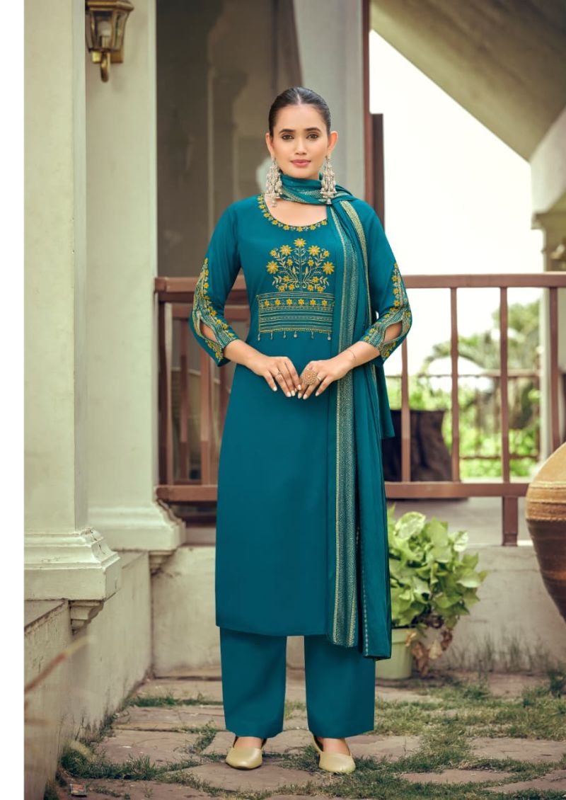 Woodee Nikhaar Rayon Jacquard Work Kurti With Bottom Dupatta Set — Wholesale Readymade Suit, Woodee wholesale from Surat — view 4