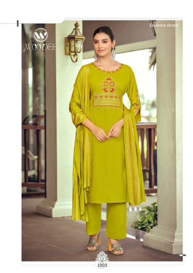 Woodee Nikhaar Rayon Jacquard Work Kurti With Bottom Dupatta Set — Wholesale Readymade Suit, Woodee wholesale from Surat — view 3