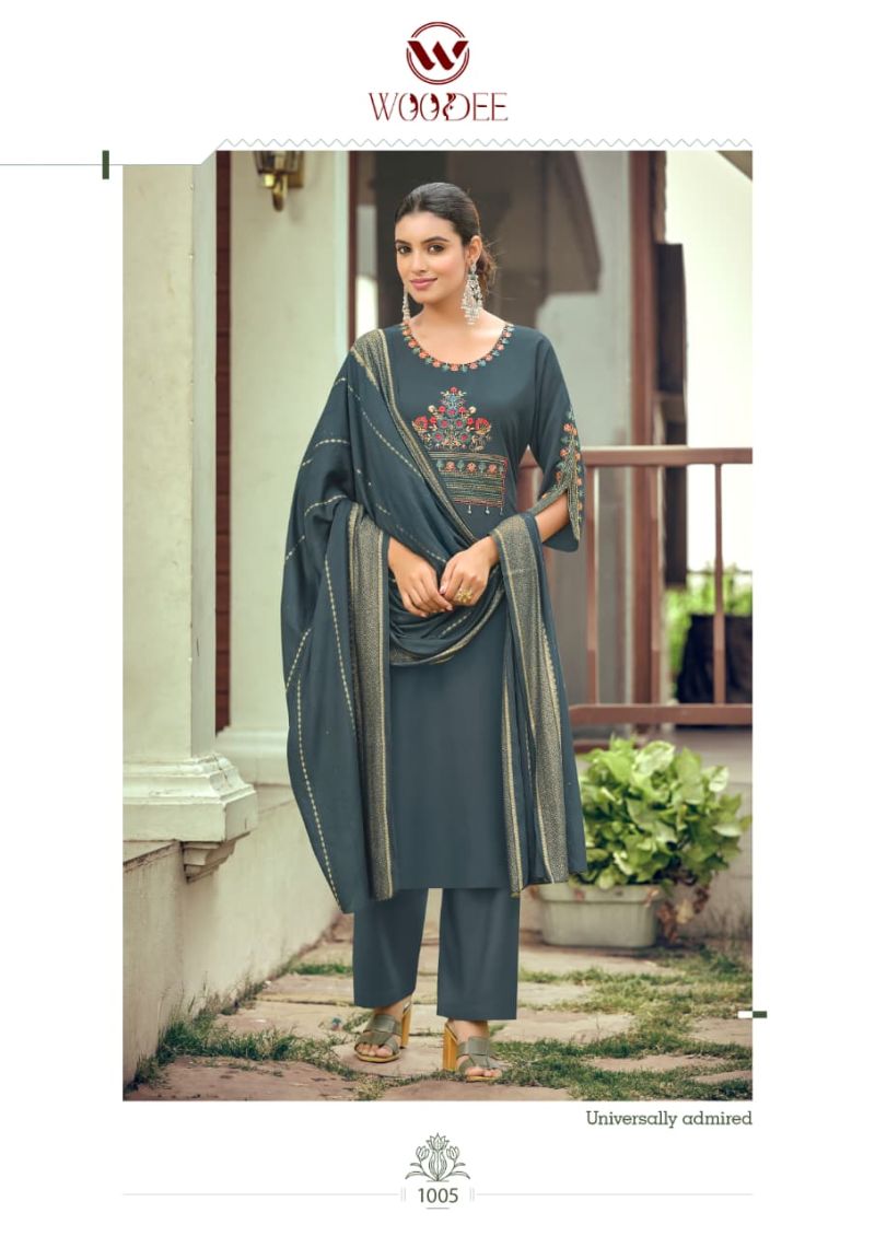 Woodee Nikhaar Rayon Jacquard Work Kurti With Bottom Dupatta Set — Wholesale Readymade Suit, Woodee wholesale from Surat — view 2