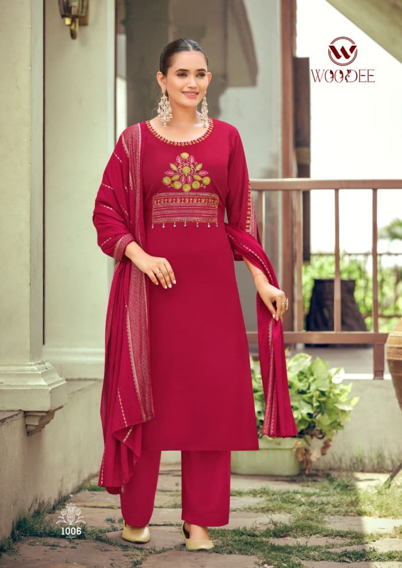 Woodee Nikhaar Rayon Jacquard Work Kurti With Bottom Dupatta Set