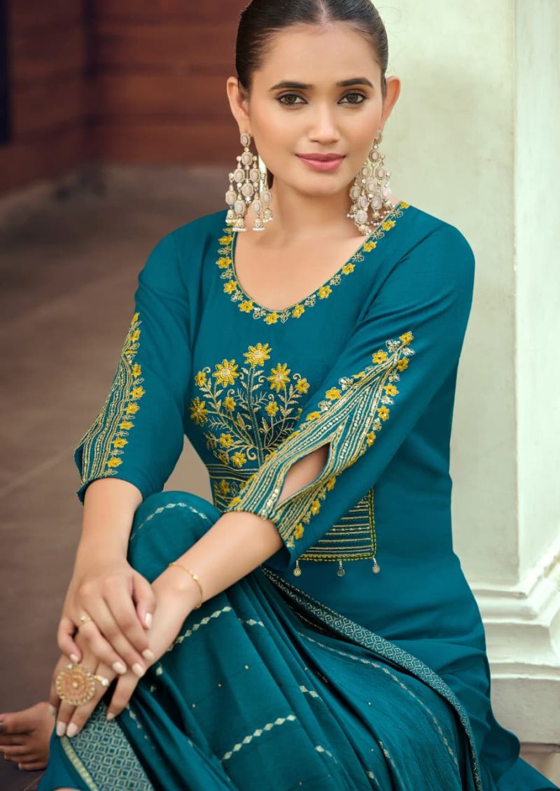 Woodee Nikhaar Rayon Jacquard Work Kurti With Bottom Dupatta Set — Wholesale Readymade Suit, Woodee wholesale from Surat — view 8