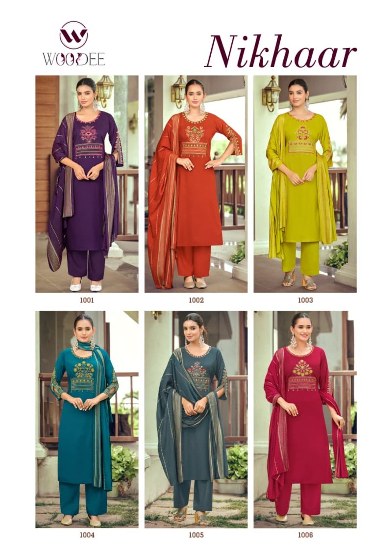 Woodee Nikhaar Rayon Jacquard Work Kurti With Bottom Dupatta Set — Wholesale Readymade Suit, Woodee wholesale from Surat — view 7