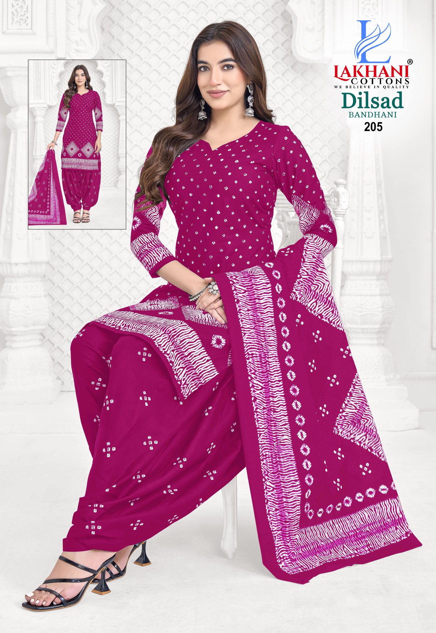 Lakhani Dilsad Bandhani Vol 02 Cotton Printed Fancy Dress Material Catalog — Wholesale Cotton Kurti Pant Set, Vardan Ethnic wholesale from Surat — view 7