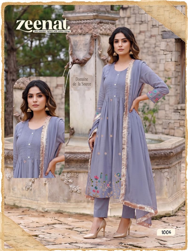Zeenat D No 1001 To 08 Mul Chanderi Embroidery Kurti Set — Wholesale Readymade Suit, MPA wholesale from Surat — view 6
