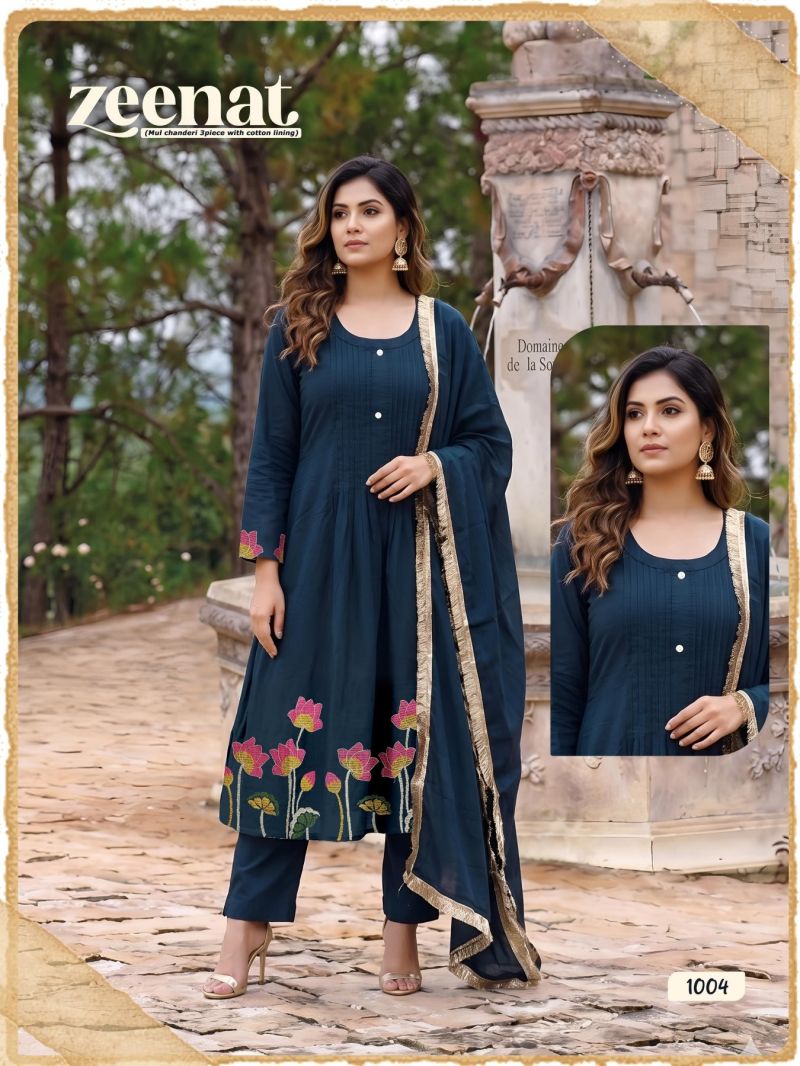 Zeenat D No 1001 To 08 Mul Chanderi Embroidery Kurti Set — Wholesale Readymade Suit, MPA wholesale from Surat — view 4