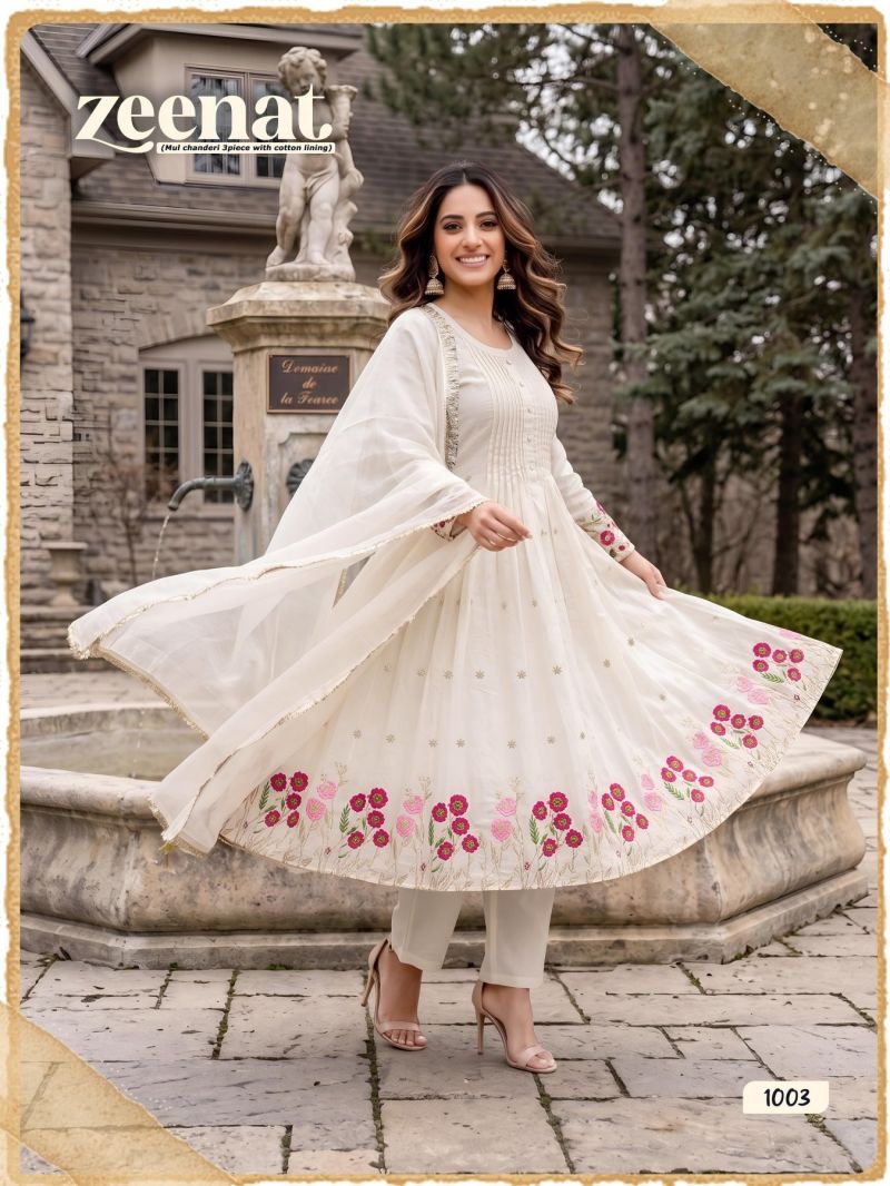 Zeenat D No 1001 To 08 Mul Chanderi Embroidery Kurti Set — Wholesale Readymade Suit, MPA wholesale from Surat — view 3
