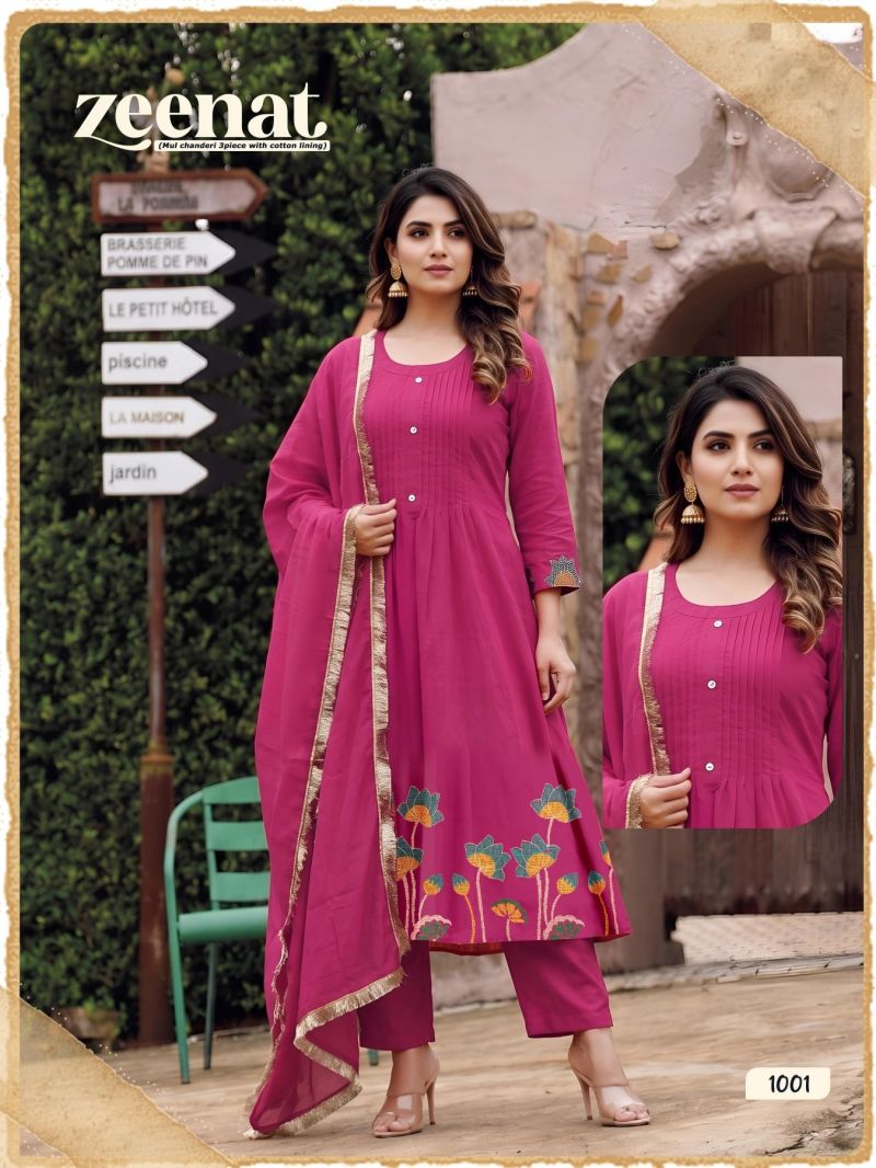 Zeenat D No 1001 To 08 Mul Chanderi Embroidery Kurti Set