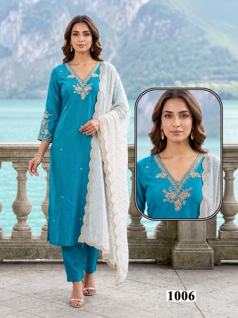 Seemi 1 Roman Silk Emroidered Kurti Pant With Dupatta Set — Wholesale Kurtis, Vardan Ethnic wholesale from Surat — view 3