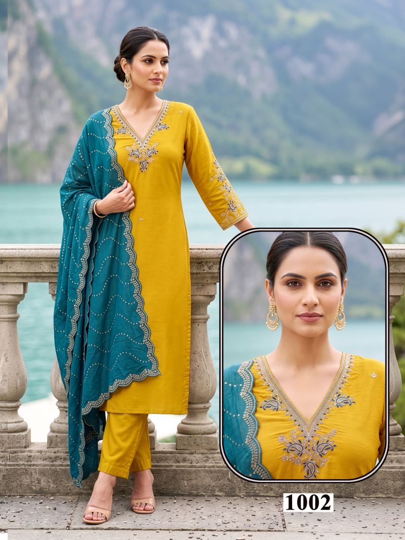 Seemi 1 Roman Silk Emroidered Kurti Pant With Dupatta Set — Wholesale Kurtis, Vardan Ethnic wholesale from Surat — view 2
