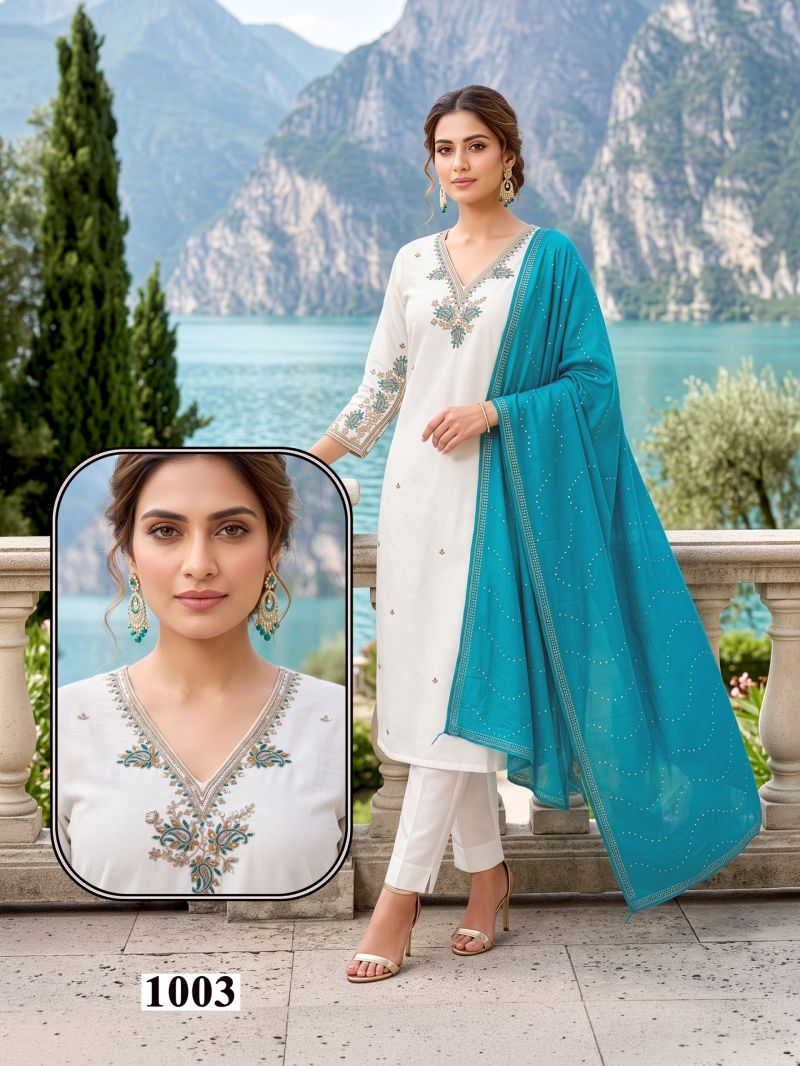 Seemi 1 Roman Silk Emroidered Kurti Pant With Dupatta Set — Wholesale Kurtis, Vardan Ethnic wholesale from Surat — view 7