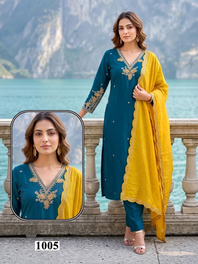 Seemi 1 Roman Silk Emroidered Kurti Pant With Dupatta Set — Wholesale Kurtis, Vardan Ethnic wholesale from Surat — view 5