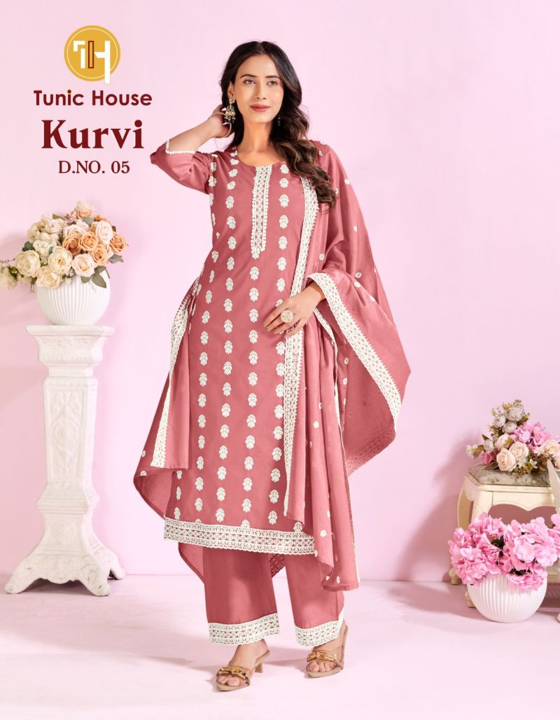 Tunic House Kurvi Cotton Embroidered Kurti With Bottom Dupatta Set