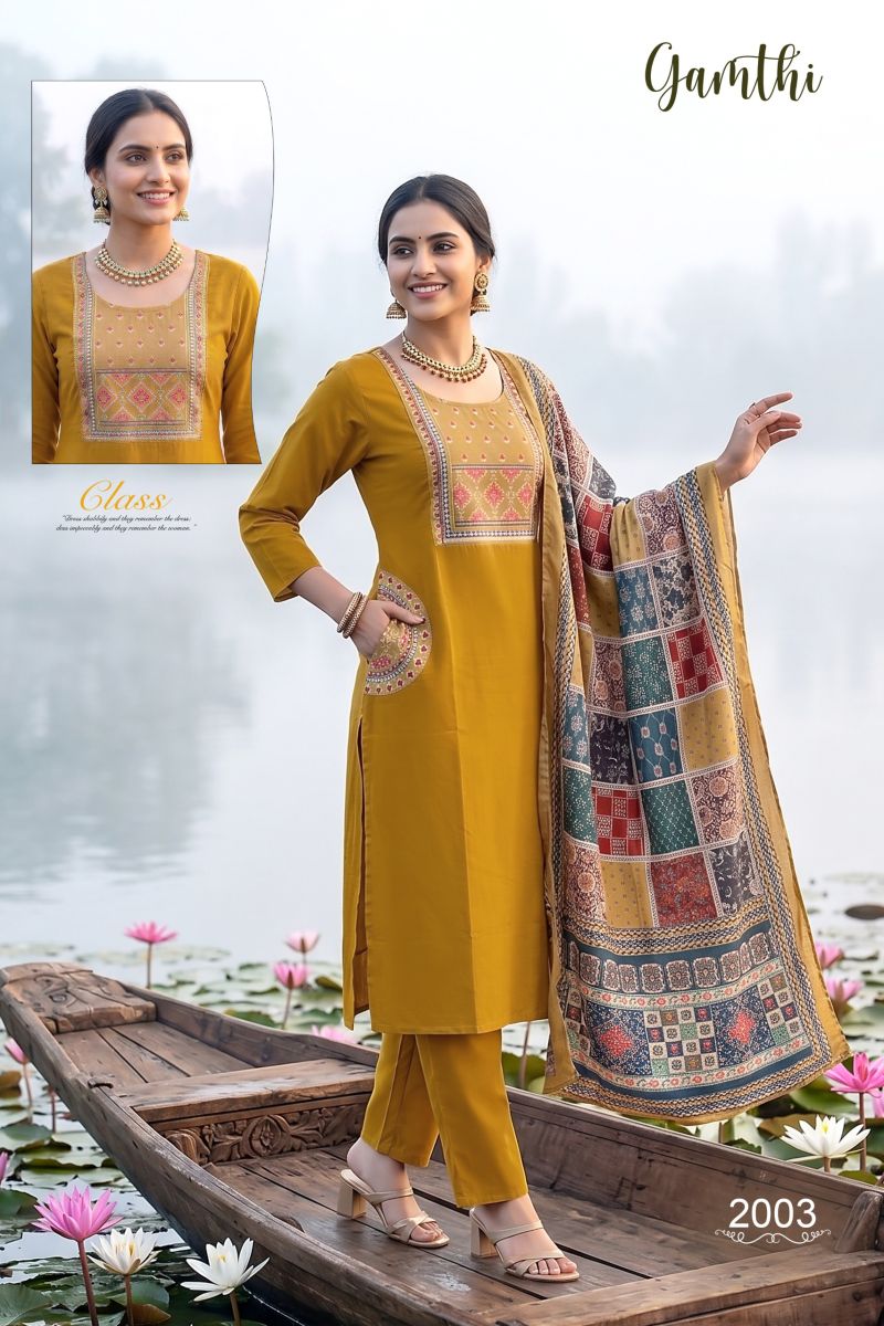 Gamthi 1 Dhabu Cotton Embroidered Kurti With Bottom Dupatta Set — Wholesale Kurtis, Vardan Ethnic wholesale from Surat — view 5