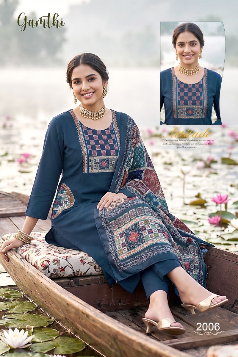 Gamthi 1 Dhabu Cotton Embroidered Kurti With Bottom Dupatta Set — Wholesale Kurtis, Vardan Ethnic wholesale from Surat — view 2