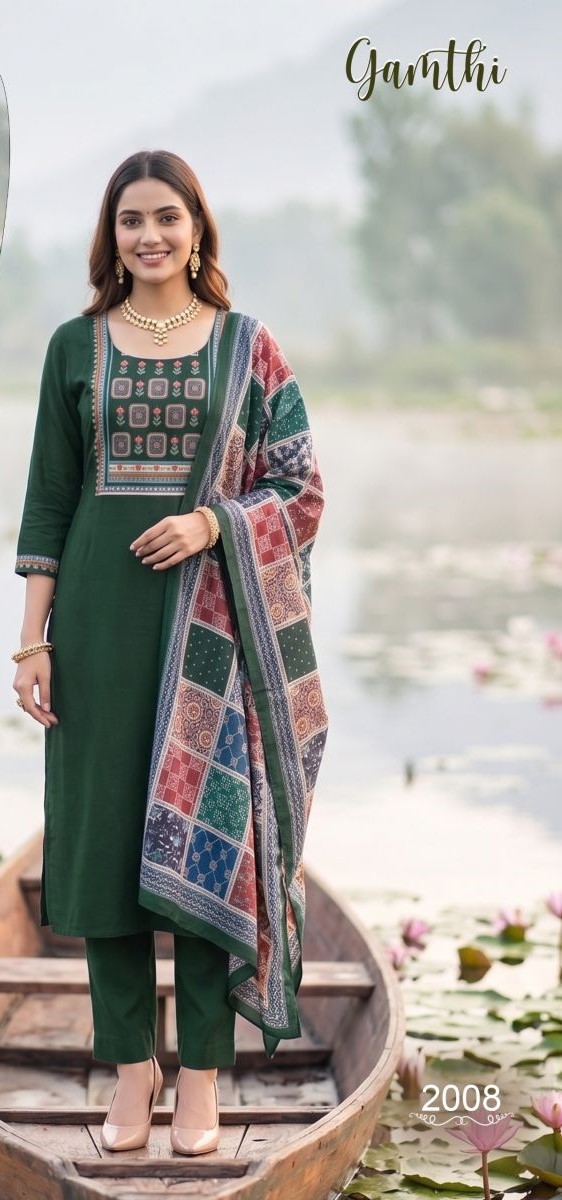 Gamthi 1 Dhabu Cotton Embroidered Kurti With Bottom Dupatta Set