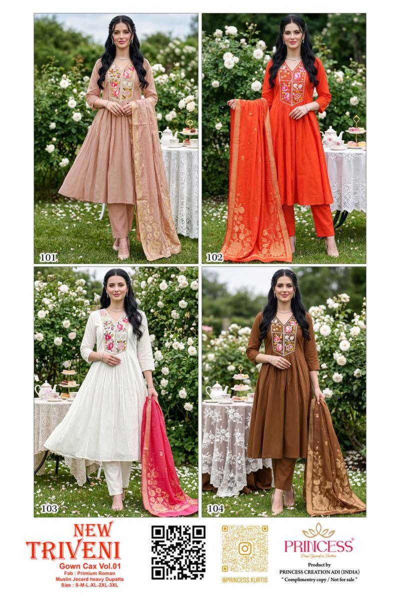 Princess New Triveni Roman Silk Embroidered Kurti Set Catalog — Wholesale Readymade Suit, Vardan Ethnic wholesale from Surat — view 7