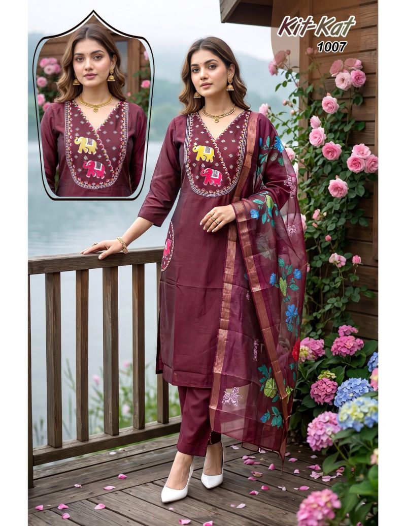 Kit Kat 1 Roman Silk Embroidered Kurti With Bottom Dupatta Set — Wholesale Kurtis, Vardan Ethnic wholesale from Surat — view 3
