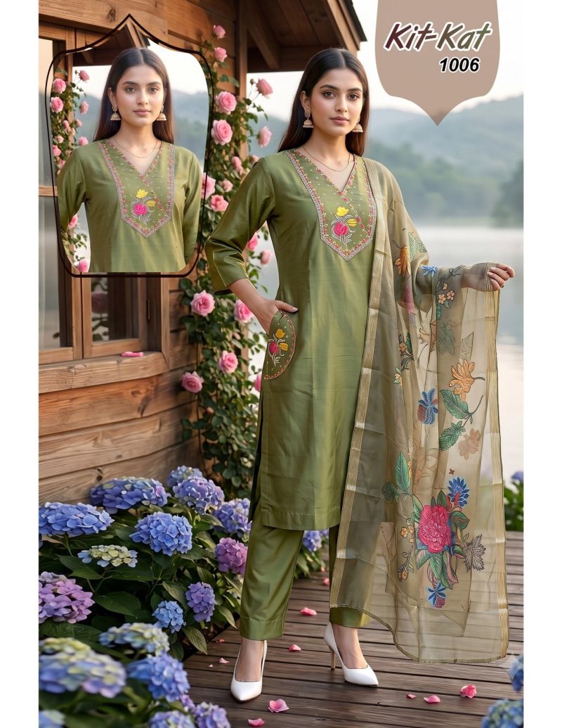 Kit Kat 1 Roman Silk Embroidered Kurti With Bottom Dupatta Set — Wholesale Kurtis, Vardan Ethnic wholesale from Surat — view 4