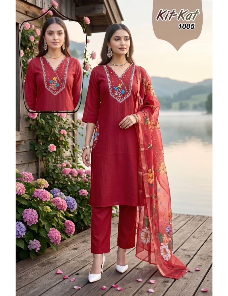 Kit Kat 1 Roman Silk Embroidered Kurti With Bottom Dupatta Set — Wholesale Kurtis, Vardan Ethnic wholesale from Surat — view 5