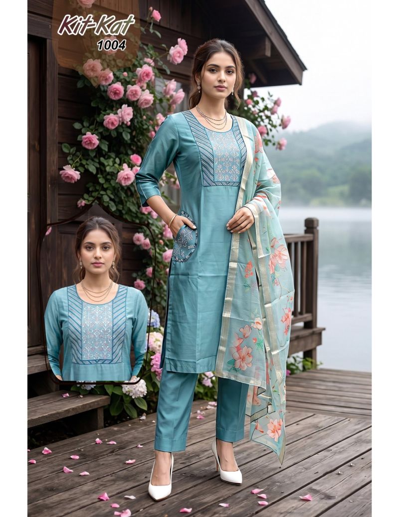 Kit Kat 1 Roman Silk Embroidered Kurti With Bottom Dupatta Set — Wholesale Kurtis, Vardan Ethnic wholesale from Surat — view 6
