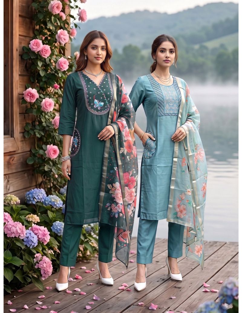 Kit Kat 1 Roman Silk Embroidered Kurti With Bottom Dupatta Set — Wholesale Kurtis, Vardan Ethnic wholesale from Surat — view 10