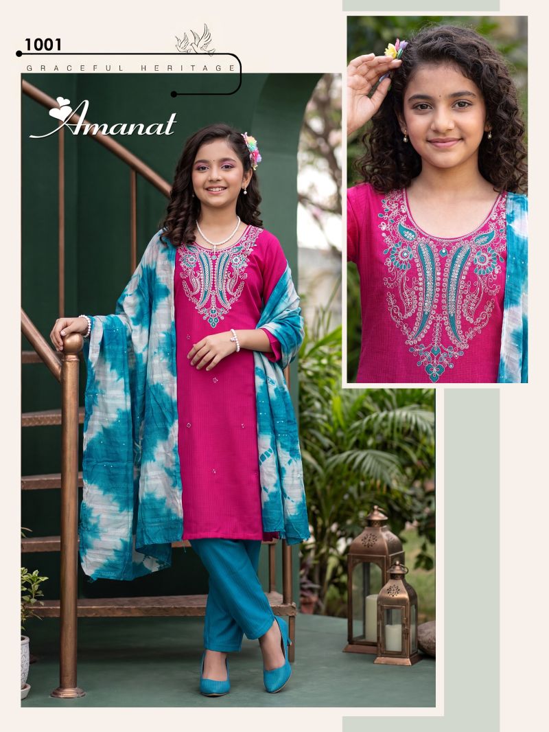 Amanat D No 1001 To 08 Berlin Plain Embroidered Kids Kurti Set