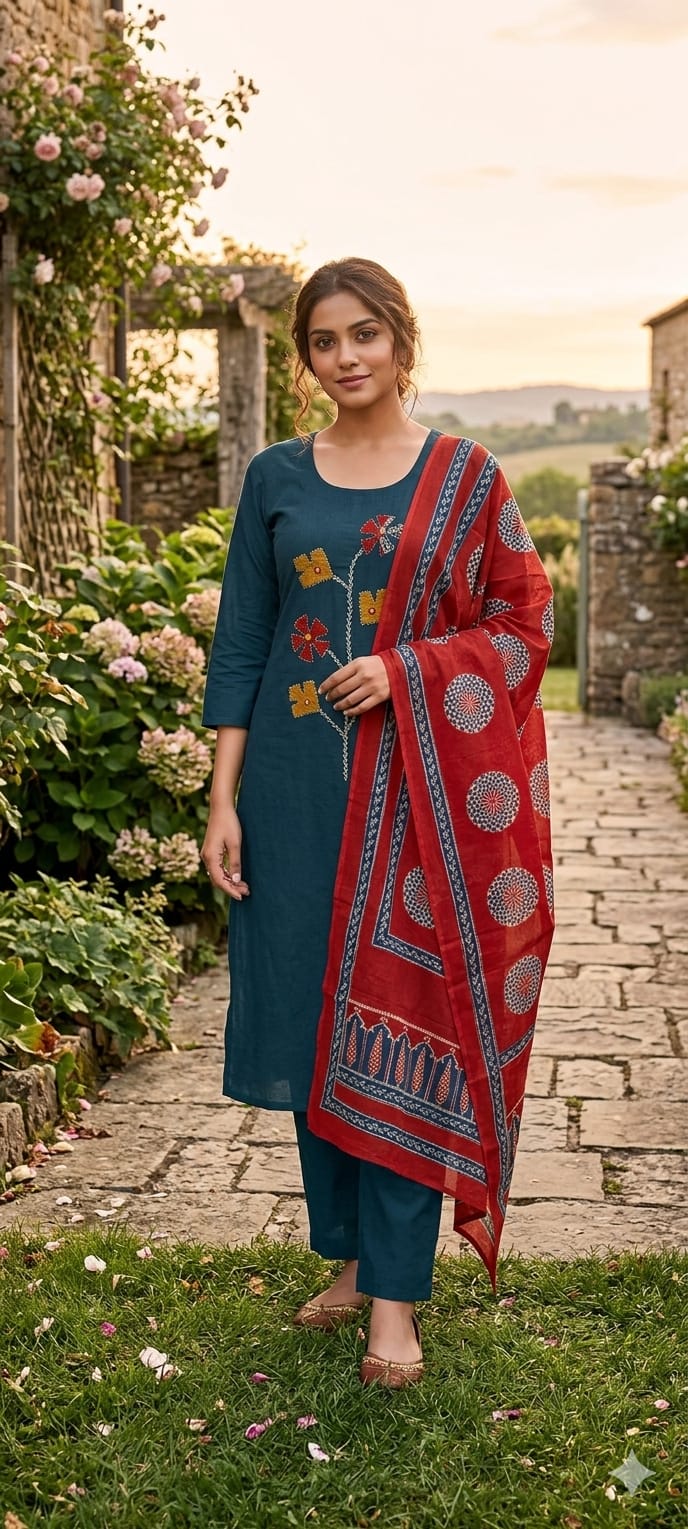 Piyu Combo Natural Dhabu Cotton Aplic Worked Kurti Set Catalog — Wholesale Cotton Kurti Pant Set, Vardan Ethnic wholesale from Surat — view 2