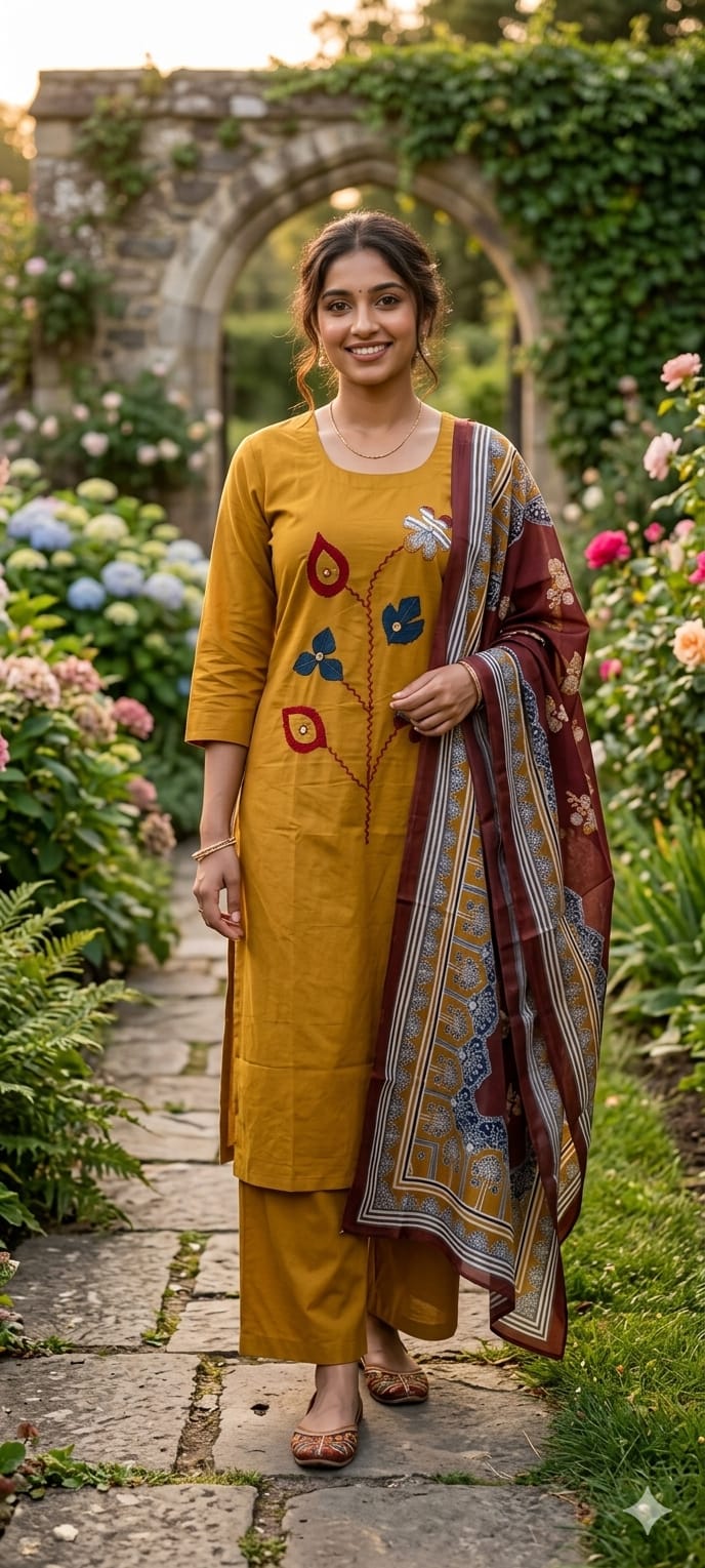 Piyu Combo Natural Dhabu Cotton Aplic Worked Kurti Set Catalog — Wholesale Cotton Kurti Pant Set, Vardan Ethnic wholesale from Surat — view 3