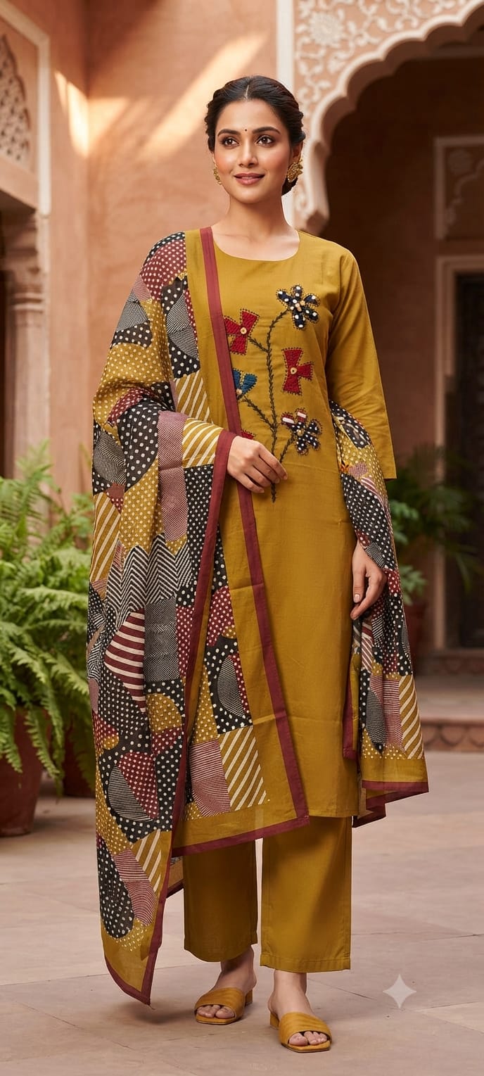 Piyu Combo Natural Dhabu Cotton Aplic Worked Kurti Set Catalog — Wholesale Cotton Kurti Pant Set, Vardan Ethnic wholesale from Surat — view 4