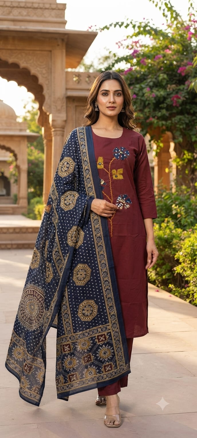 Piyu Combo Natural Dhabu Cotton Aplic Worked Kurti Set Catalog