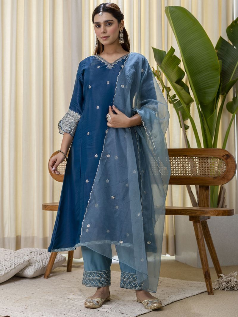 Vp 9809 Brownie Silk Blend Embroidered Kurti With Bottom Dupatta Set — Wholesale Kurtis, Vardan Ethnic wholesale from Surat — view 3