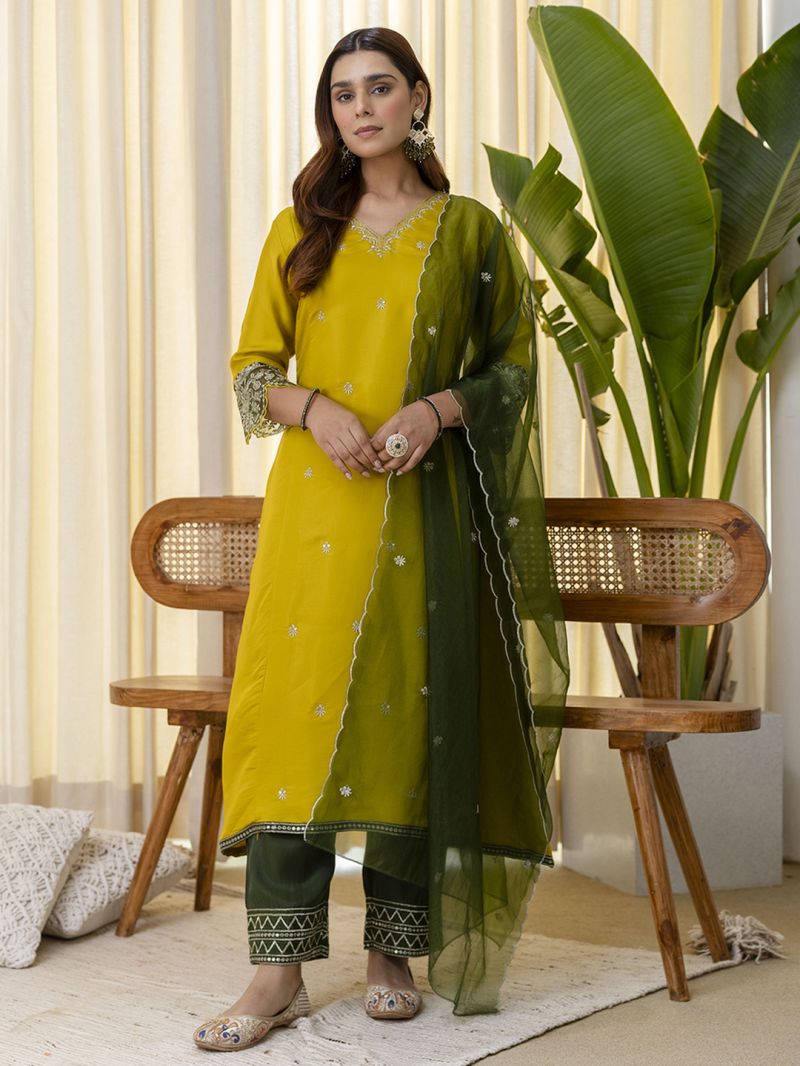 Vp 9809 Lemon Brownie Silk Blend Embriudered Kurti Set — Wholesale Readymade Suit, Vardan Ethnic wholesale from Surat — view 3