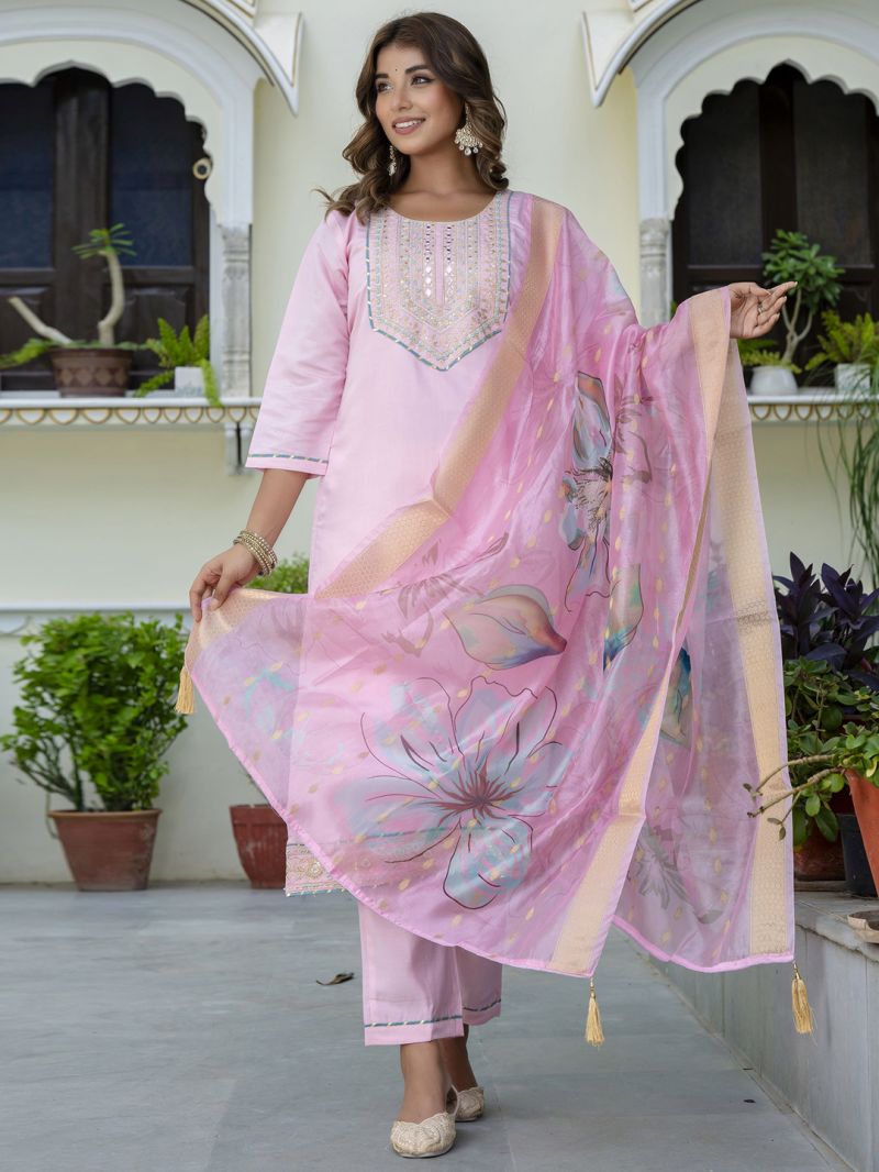 Vp 9661 Pink Silk Blend Embroidered Straight Kurti Set