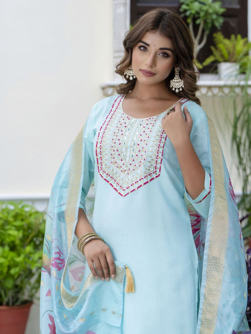 Vp 9661 Sky Silk Blend Embroidered Straight Kurti Set