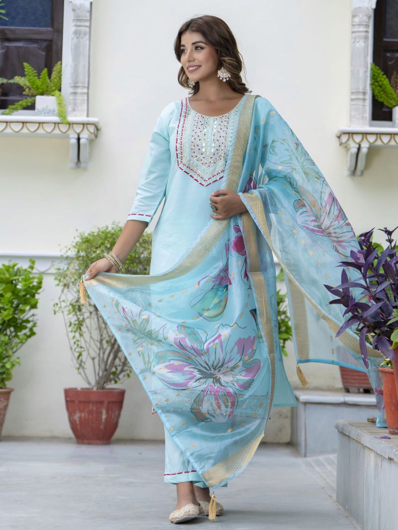 Vp 9661 Sky Silk Blend Embroidered Straight Kurti Set — Wholesale Salwar Suits, Vardan Ethnic wholesale from Surat — view 4