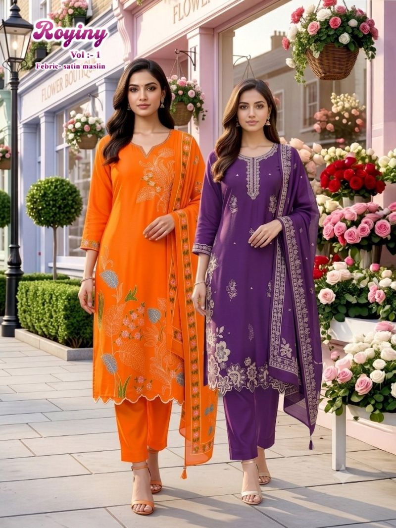 Royiny Vol 1 Satin Muslin Embroidery Worked Kurti Set Catalog — Wholesale Dress Material, Vardan Ethnic wholesale from Surat — view 9