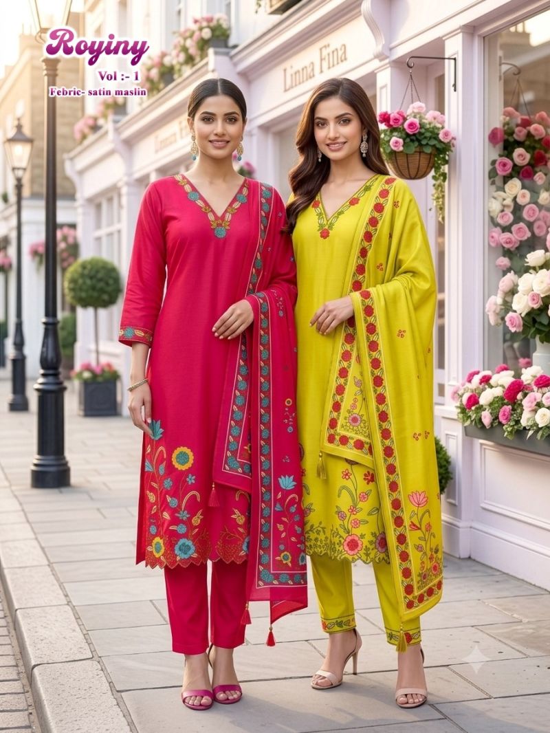Royiny Vol 1 Satin Muslin Embroidery Worked Kurti Set Catalog — Wholesale Dress Material, Vardan Ethnic wholesale from Surat — view 10