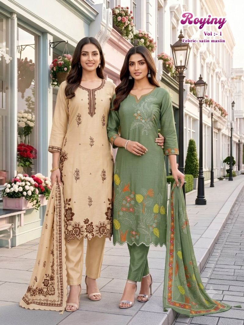 Royiny Vol 1 Satin Muslin Embroidery Worked Kurti Set Catalog — Wholesale Dress Material, Vardan Ethnic wholesale from Surat — view 2