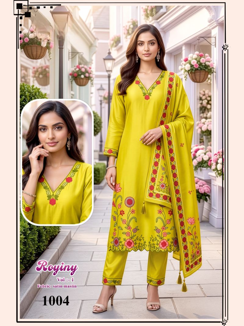 Royiny Vol 1 Satin Muslin Embroidery Worked Kurti Set Catalog — Wholesale Dress Material, Vardan Ethnic wholesale from Surat — view 3