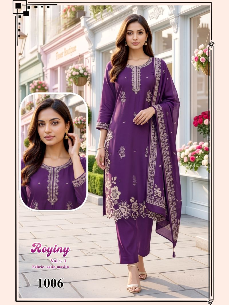 Royiny Vol 1 Satin Muslin Embroidery Worked Kurti Set Catalog — Wholesale Dress Material, Vardan Ethnic wholesale from Surat — view 4